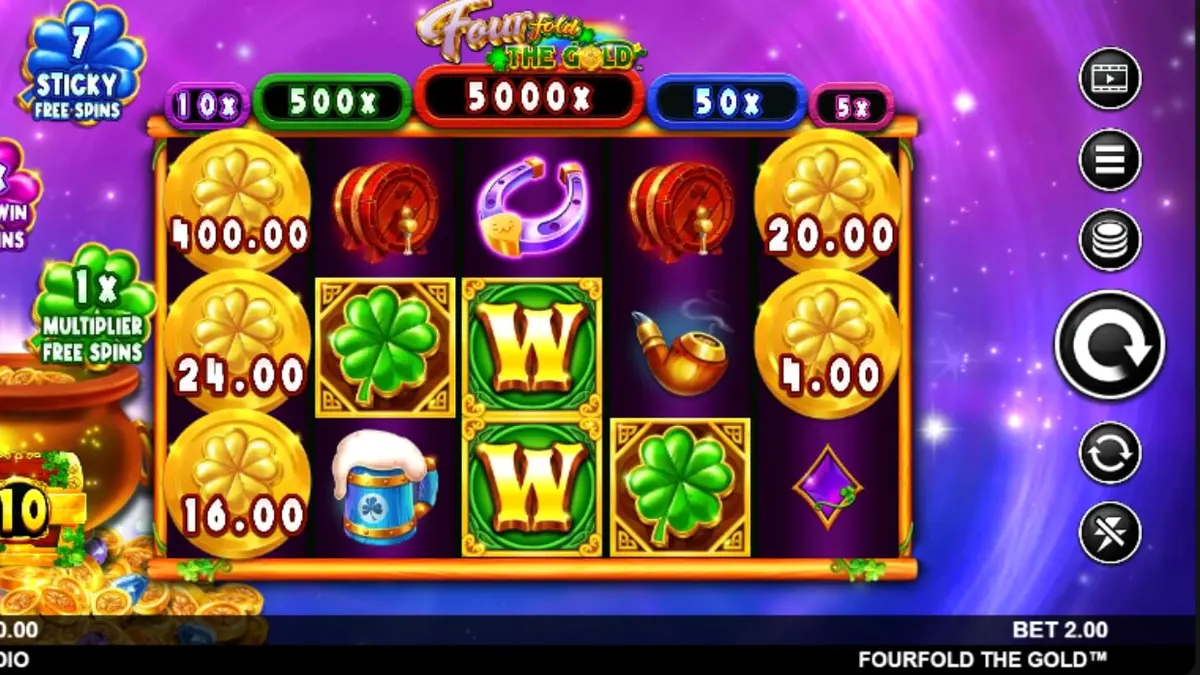 Tampilan visual slot Fourfold the Gold dengan tema luar angkasa dan leprechaun