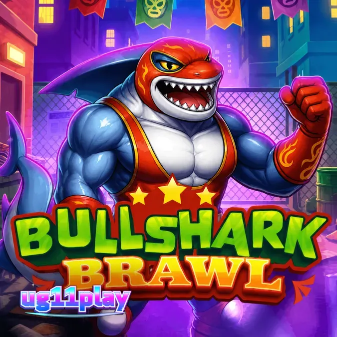 Tampilan layar permainan slot Bullshark Brawl dengan karakter hiu luchador
